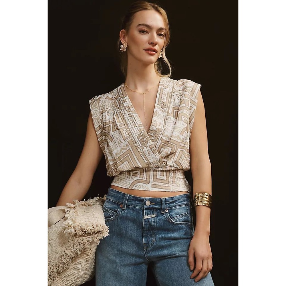 Anthropologie Women 100% Cotton Top XS Tan White Geometric Surplice Boho Western